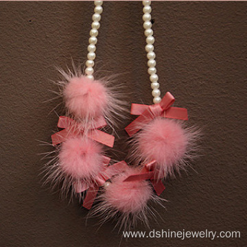 Cute Candy Color Pom Pom Pearl Ribbon Knot Necklace For kids